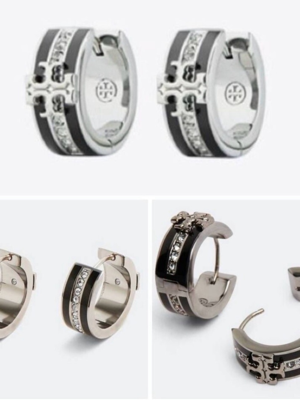 Tory Burch Silver-Tone Black Enamel Hoop Earrings with Crystals